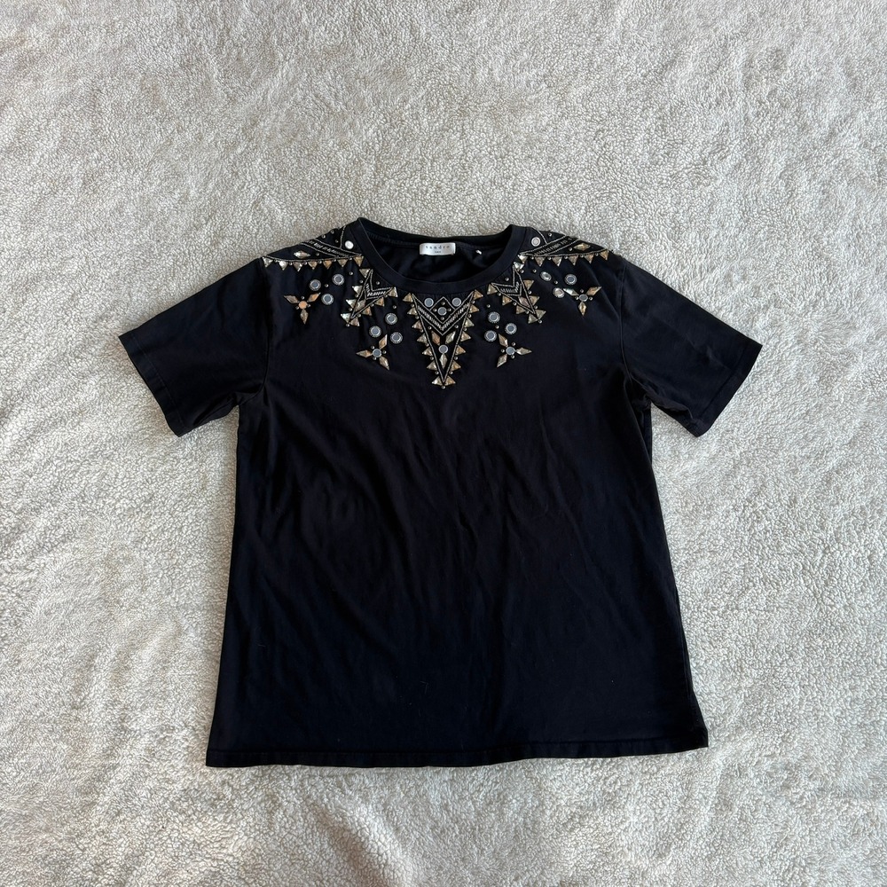 Sandro Paris Black Embellished Beaded Jewel Neck Short Sleeve T-Shirt No Size